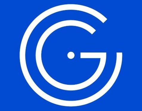 Blue background with a C and a G inside it in white lines.